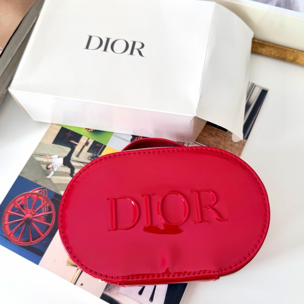 Dior Red Glossy Oval Zip Cosmetic‎ Clutch Bag Logo Pouch
